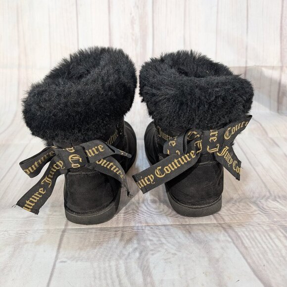 Juicy Couture Black Faux Fur & Suede Moccasin Boots with Logo Ribbon Tie Size 7 - Picture 3 of 9